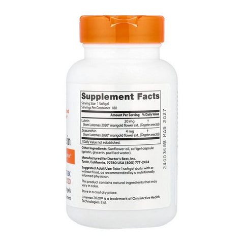 Doctors Best, Lutein with Lutemax, 20 mg, 180 Softgels