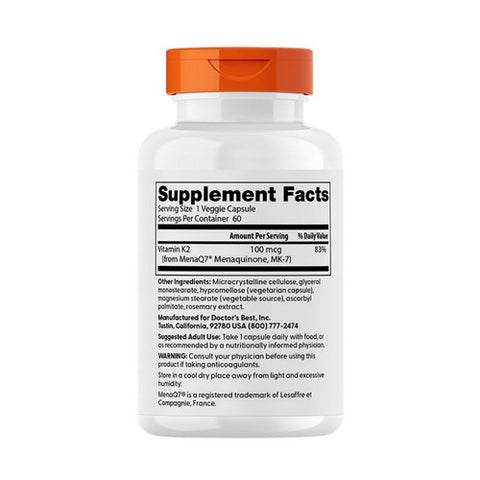 Doctors Best, Natural Vitamin K2 MK-7 with MenaQ7, 100 Mcg, 60 Veg Caps