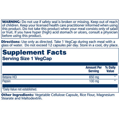 Solaray, Betaine HCI With Pepsin, 650 Mg, 100 Veg Caps