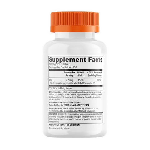 Doctors Best, High Absorption Iron with Ferrochel, 27 Mg, 120 Tabs