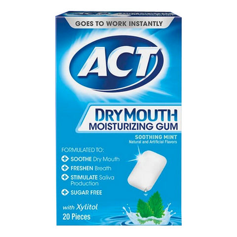 Act, Dry Mouth Moisturizing Gum With Xylitol Sugar Free Soothing Mint, 20 Each