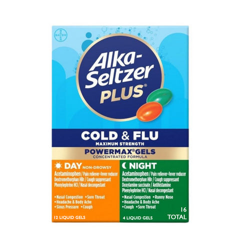 Alka-Seltzer, Plus Maximum Strength Cold & Flu PowerMax Gels Day & Night, 16 Caps