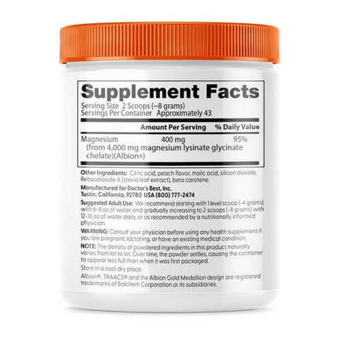Doctors Best, Magnesium Powder Peach Flavored, 347 Grams