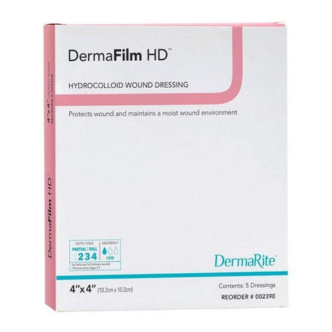 DermaRite, Hydrocolloid Dressing DermaFilm HD 4 X 4 Inch Square Sterile, Box Of 5