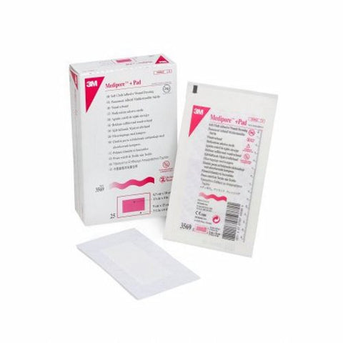 3M, Adhesive Dressing 3M Medipore 3-1/2 X 6 Inch Soft Cloth Rectangle White Sterile, Case of 100