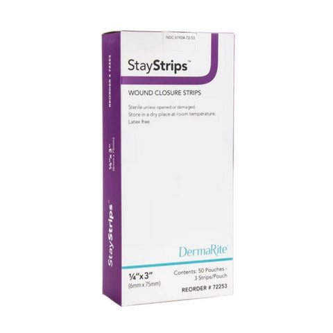 DermaRite, Skin Closure Strip StayStrips 1/4 X 3 Inch Nonwoven Material Flexible Strip White, Box Of 50