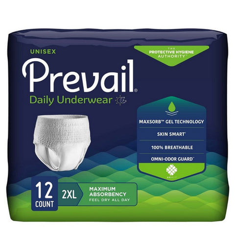 First Quality, Female Adult Absorbent Underwear Prevail Daily Underwear Pull On with Tear Away Seams 2X-Large Disp, Pack Of 12
