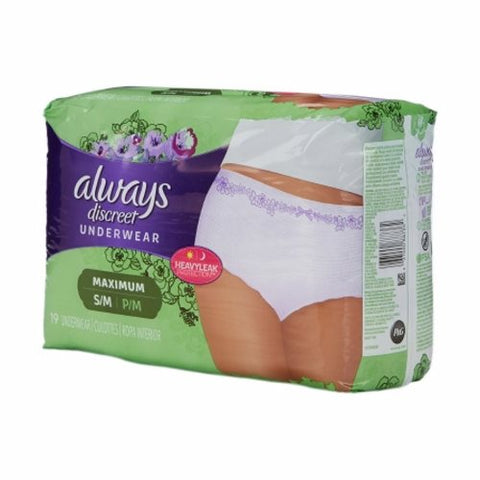 Always Discreet, Female Adult Absorbent Underwear Always Discreet Pull On with Tear Away Seams Small / Medium Dispos, Pack Of 19