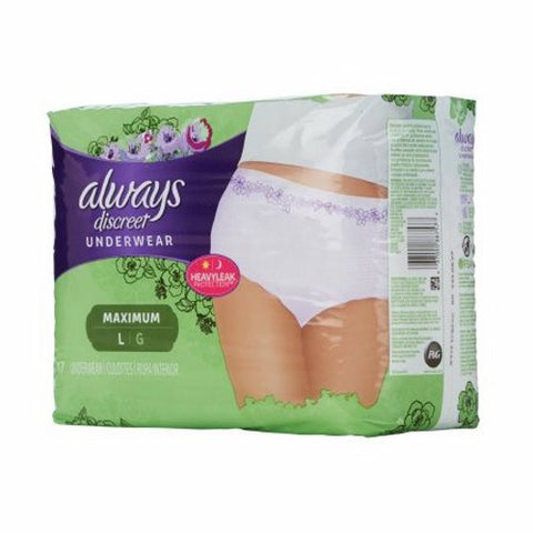 Always Discreet, Female Adult Absorbent Underwear Always Discreet Pull On with Tear Away Seams Large Disposable Heav, Pack Of 17