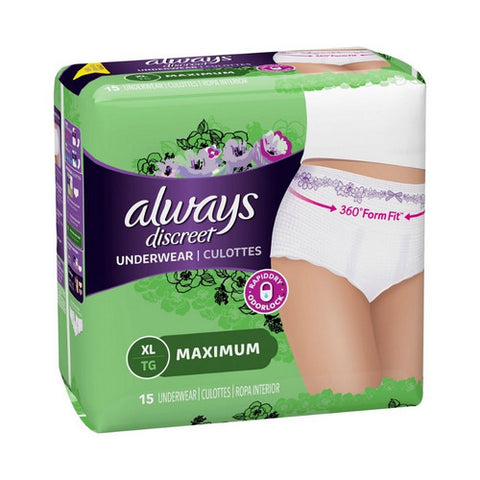 Always Discreet, Female Adult Absorbent Underwear Always Discreet Pull On with Tear Away Seams X-Large Disposable He, Pack Of 15