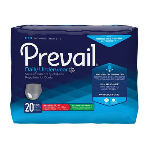 First Quality, Male Adult Absorbent Underwear Prevail Men's Daily Underwear Pull On with Tear Away Seams Small / M, Count of 20