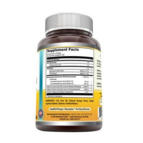 Amazing Nutrition, Amazing Omega Norwegian Cod Liver Oil, 1000 mg, Orange 250 Softgels