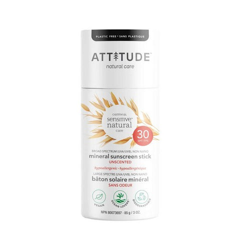 Attitude, Sunscreen Face Stick SPF 30 Sensitive Skin Unscented, 3 Oz