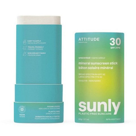 Attitude, Mineral Sunscreen Stick SPF 30 Sunly Plastic Free Unscented, 2.1 Oz