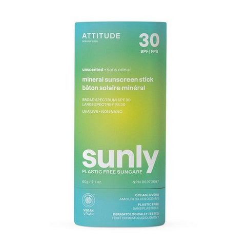 Attitude, Mineral Sunscreen Stick SPF 30 Sunly Plastic Free Unscented, 2.1 Oz