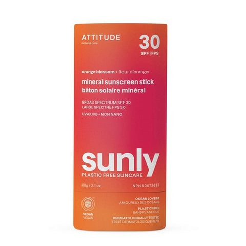 Attitude, Mineral Sunscreen Stick SPF 30 Sunly Plastic Free Orange Blossom, 2.1 Oz