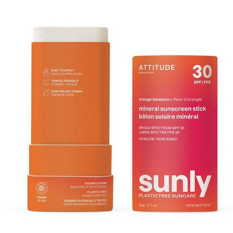 Attitude, Mineral Sunscreen Stick SPF 30 Sunly Plastic Free Orange Blossom, 2.1 Oz