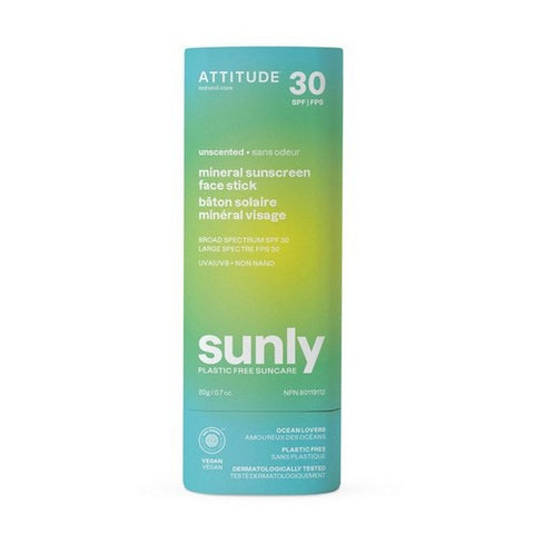 Attitude, Mineral Sunscreen Face Stick SPF 30 Sunly Plastic-Free Unscented, 0.7 Oz