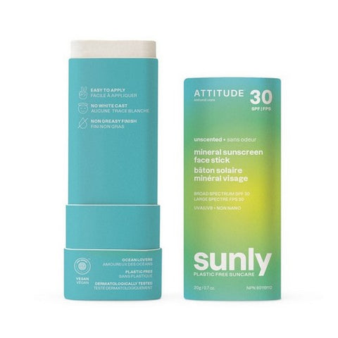 Attitude, Mineral Sunscreen Face Stick SPF 30 Sunly Plastic-Free Unscented, 0.7 Oz