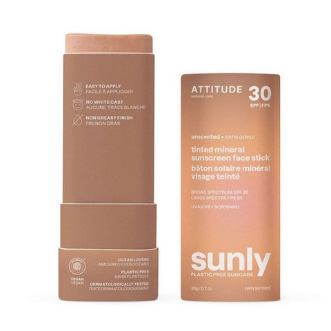 Attitude, Tinted Mineral Sunscreen Face Stick SPF 30 Sunly Plastic Free Unscented, 0.7 Oz