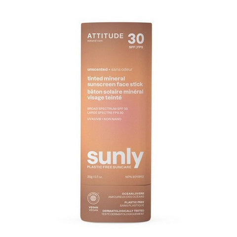 Attitude, Tinted Mineral Sunscreen Face Stick SPF 30 Sunly Plastic Free Unscented, 0.7 Oz