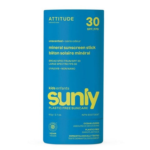 Attitude, Mineral Sunscreen Stick SPF 30 Sunly Plastic-Free Kids Unscented, 2.1 Oz