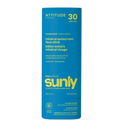 Attitude, Kids Mineral Sunscreen Face Stick SPF 30 Sunly Plastic Free Unscented, 0.7 Oz