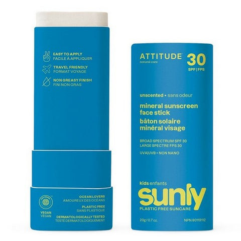 Attitude, Kids Mineral Sunscreen Face Stick SPF 30 Sunly Plastic Free Unscented, 0.7 Oz
