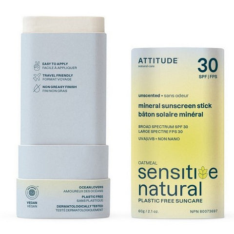 Attitude, Mineral Sunscreen Stick SPF 30 Sunly Plastic Free Unscented, 2.1 Oz