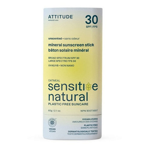 Attitude, Mineral Sunscreen Stick SPF 30 Sunly Plastic Free Unscented, 2.1 Oz