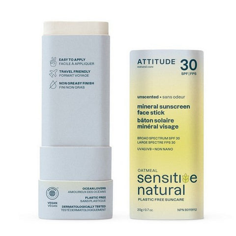 Attitude, Mineral Sunscreen Face Stick SPF 30 Sunly Plastic Free Unscented, 0.7 Oz