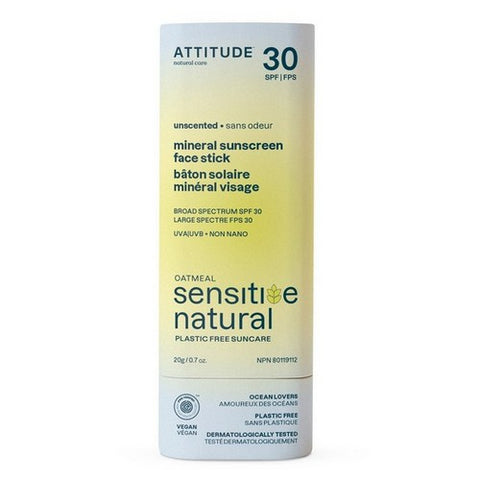 Attitude, Mineral Sunscreen Face Stick SPF 30 Sunly Plastic Free Unscented, 0.7 Oz