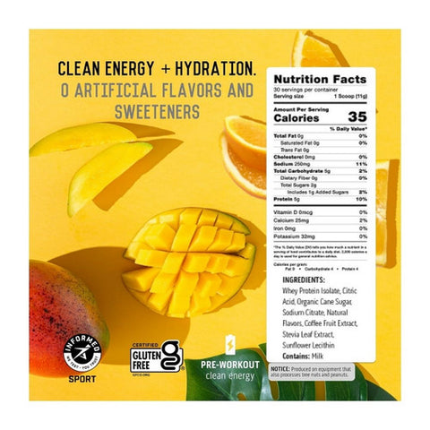Ascent, Pre Workout Clean Energy And Hydration Fuel Energy Drink Mix Orange Mango, 11.6 Oz