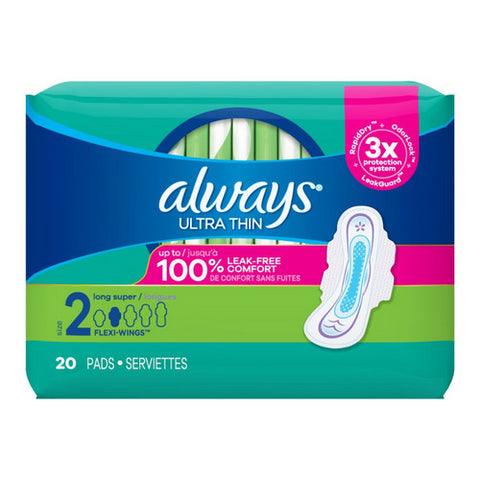 Always Discreet, Ultra Thin Pads With Flexi Wings Size 2 Long Super Unscented Up To 100% Leak Free Comfort, 20 Count (Case Of 6)