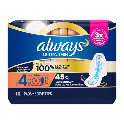 Always Discreet, Ultra Thin Pads Size 4 Overnight With Flexi Wings Unscented Up To 100% Leak Free Comfort, 16 Count (Case Of 6)