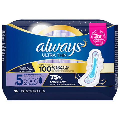 Always Discreet, Ultra Thin Overnight Pads With Flexi Wings Size 5 Extra Heavy Overnight Unscented, 15 Count (Case Of 6)