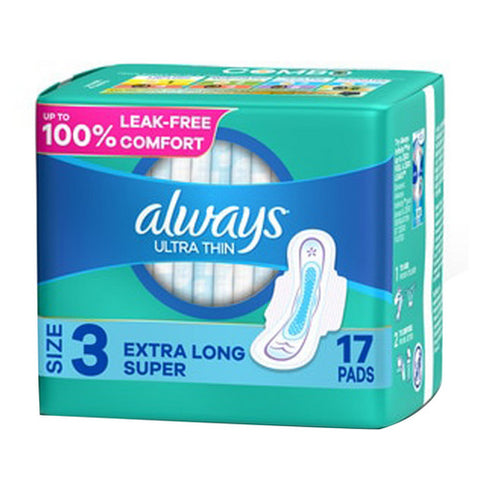 Always Discreet, Ultra Thin Pads With Flexi Wings Size 3 Extra Long Super Unscented Up To 100% Leak Free Comfort, 17 Count (Case Of 6)