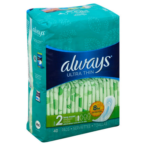 Always Discreet, Ultra Thin Pads Size 2 Absorbency Long Super Without Wings Leakguard Protection, 40 Count (Case Of 3)
