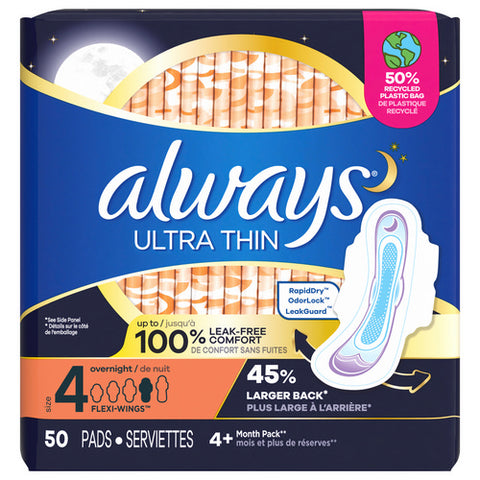 Always Discreet, Ultra Thin Overnight Pads With Flexi Wings Size 4 Unscented, 50 Count (Case Of 3)