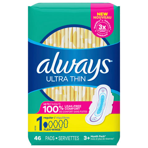 Always Discreet, Ultra Thin Pads With Wings Size 1 Regular Unscented, 46 Count (Case Of 6)