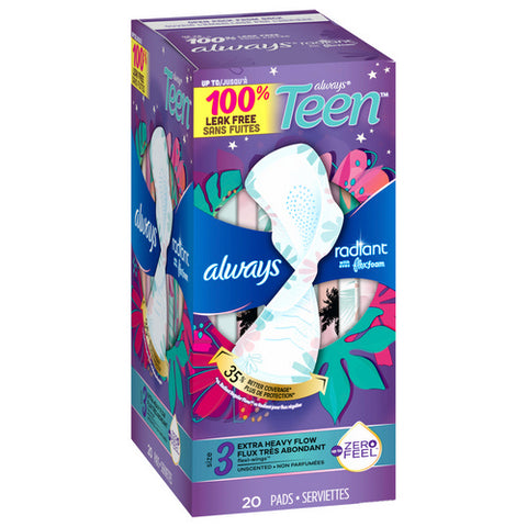 Always Discreet, Radiant Teen Pads Size 3 Extra Heavy With Wings Unscented, 20 Count (Case Of 3)