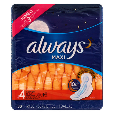 Always Discreet, Maxi Pads Size 4 Overnight With Wings, 33 Count (Case Of 6)