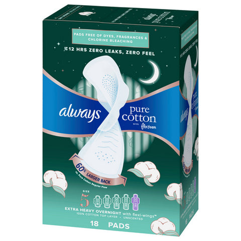 Always Discreet, Pure Cotton with Flexfoam Pads For Women Size 5, 18 Count (Case Of 3)