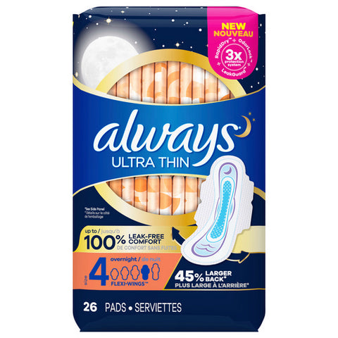 Always Discreet, Ultra Thin Pads Overnight With Wings Size 4 Unscented, 24 Count (Case Of 6)