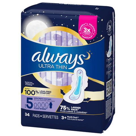 Always Discreet, Ultra Thin Extra Heavy Overnight Pads, 34 Count (Case Of 3)
