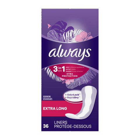 Always Discreet, 3in1 Xtra Protection Daily Liners Extra Long Absorbency 5x Drier Than Thin, 36 Count (Case Of 12)