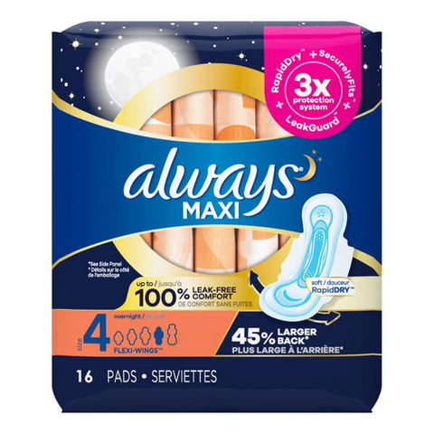 Always Discreet, Maxi Pads Up To 100% Leak Free Comfort Rapiddry Size 4 Overnight With Flexi Wings Unscented, 16 Count (Case Of 12)