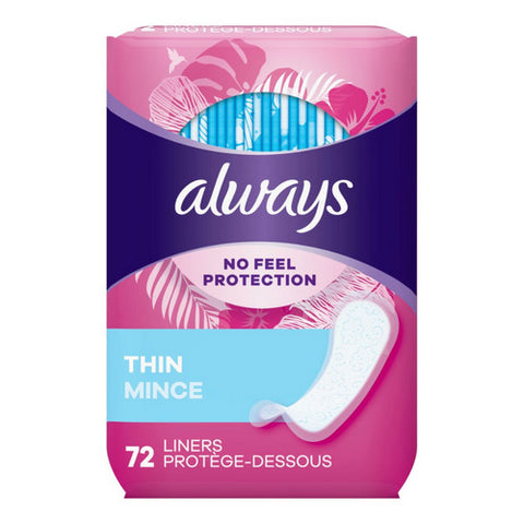 Always Discreet, Thin No Feel Protection Daily Liners Regular Absorbency Unscented, 72 Count (Case Of 12)