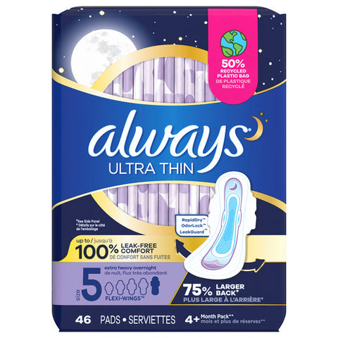 Always Discreet, Ultra Thin Overnight Pads With Flexi Wings Size 5, 46 Count (Case Of 2)