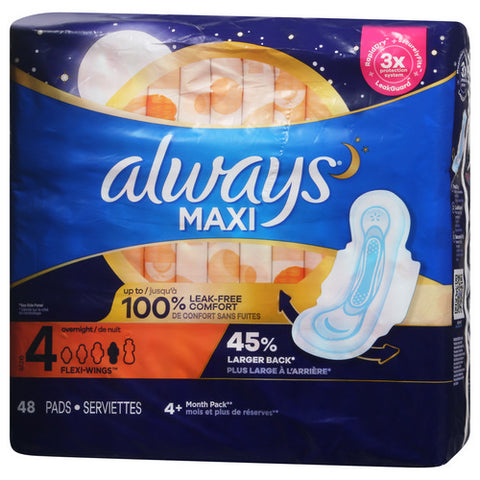 Always Discreet, Overnight Maxi Flexi Wings Pads Mega Pack Size 4, 48 Count (Case Of 6)